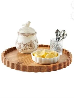 New The Pioneer Woman Scalloped Acacia Wood 12 Inch Lazy Susan Serving Tray